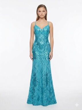 Lulu's Teal Blue Sparkly Sequin Prom Evening Dress sz Large